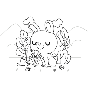 Rabbit smelling flowers